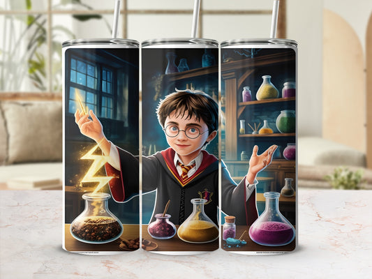 Harry Potter in a potion lab with beakers and flasks.