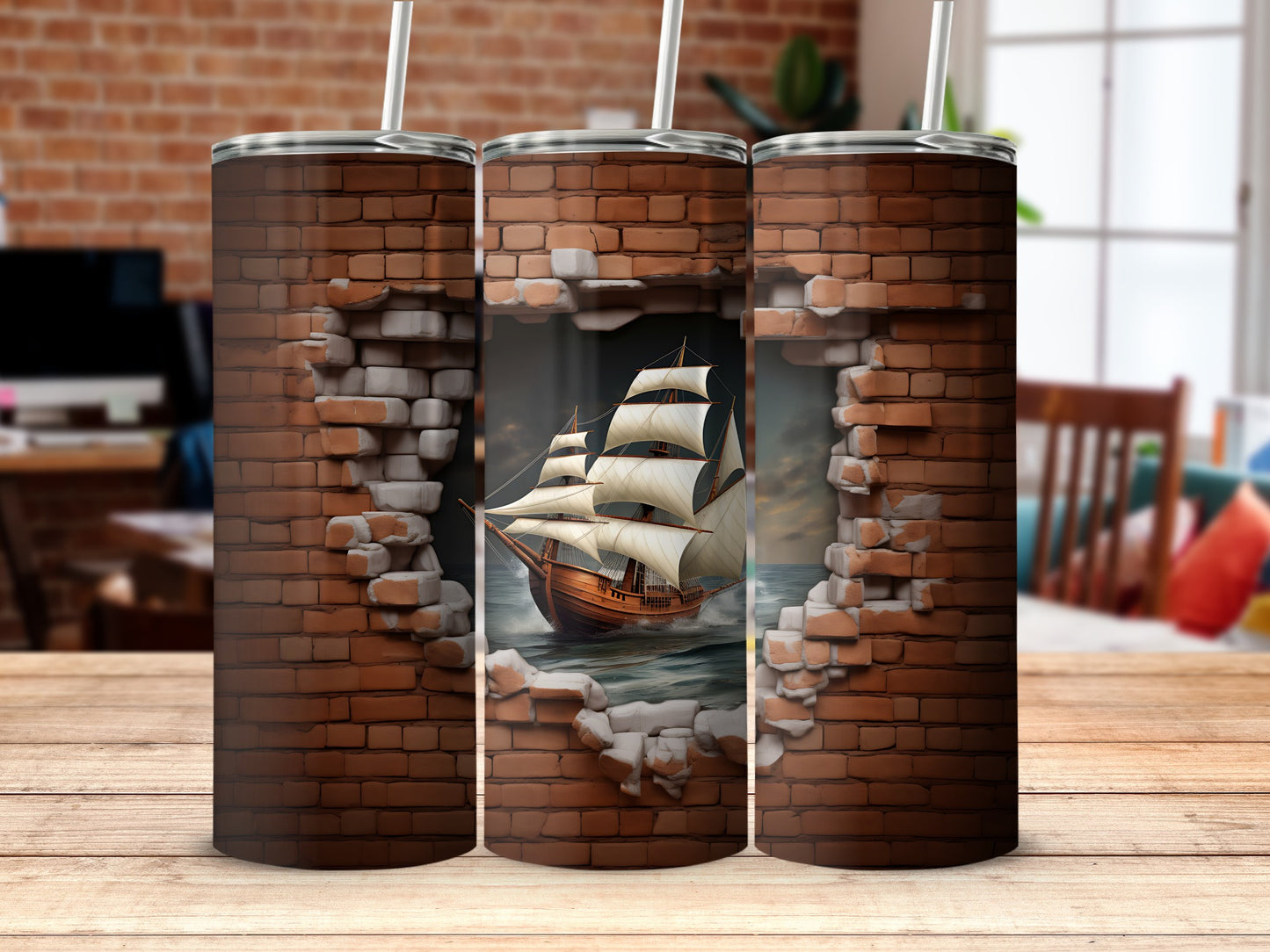 Ship Sailing Through Brick Wall Tumbler Design
