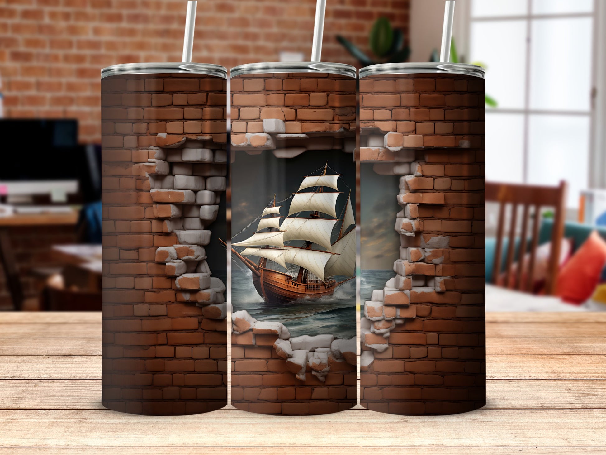 Ship Sailing Through Brick Wall Tumbler Design