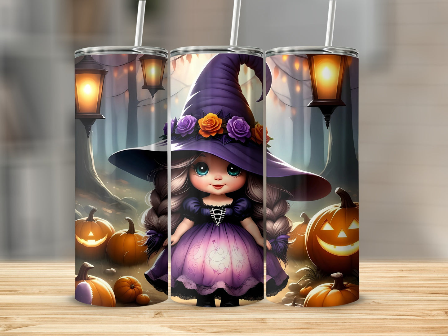 Cartoon witch with pumpkins and lanterns on tumblers.