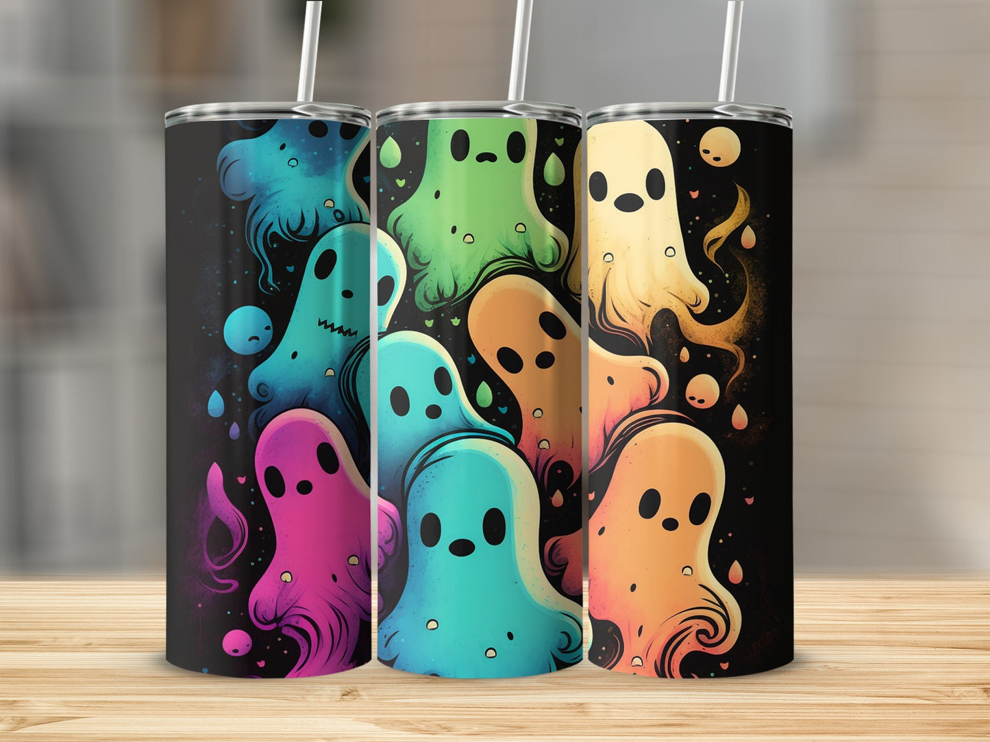 Three tumblers with colorful, cartoon ghosts on a black background.