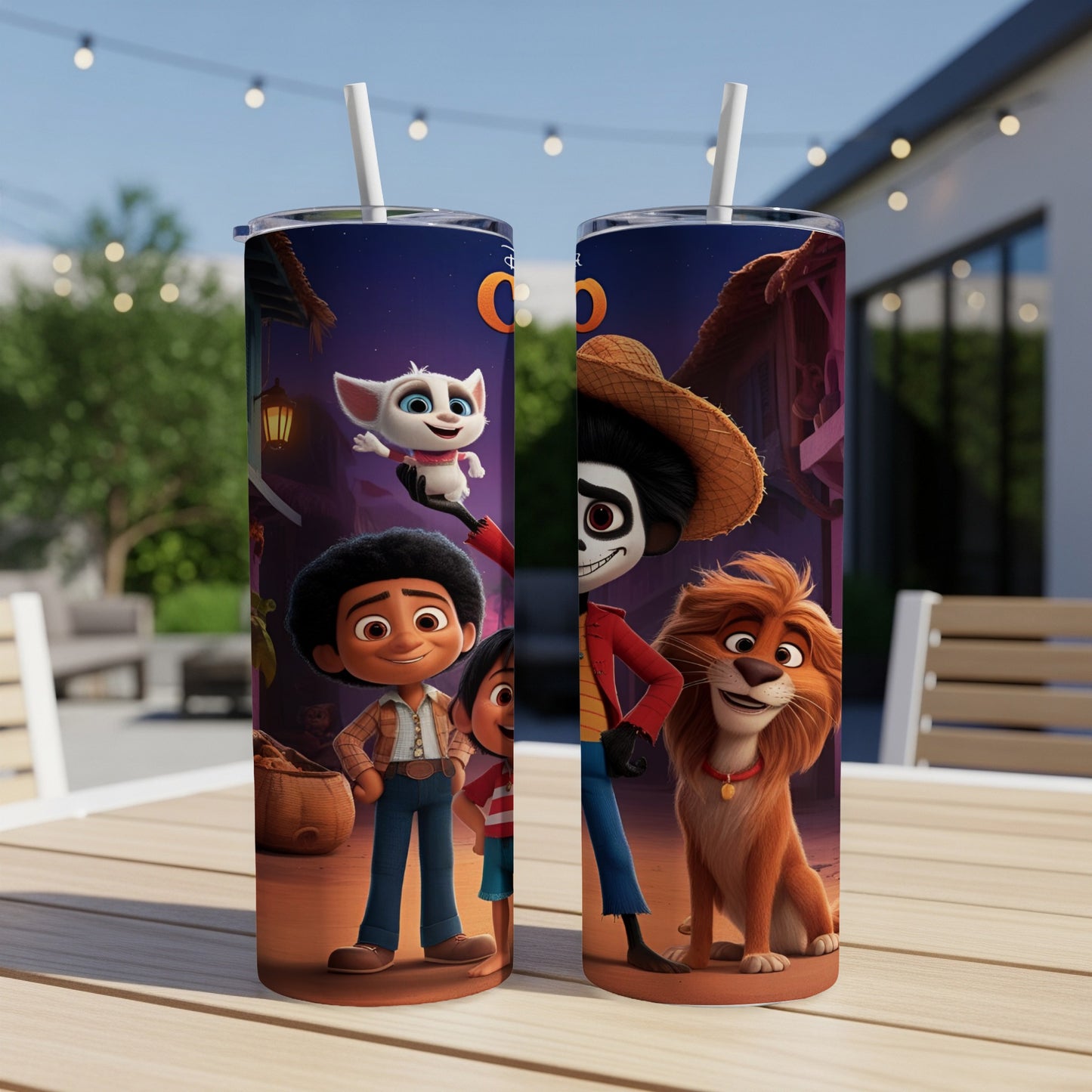 Two tumblers with characters from Coco, including Miguel, Hector, and Dante.