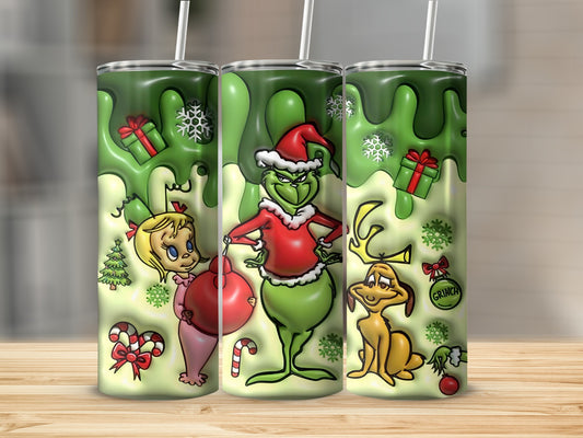 Grinch Holiday Themed Tumbler with Christmas Designs