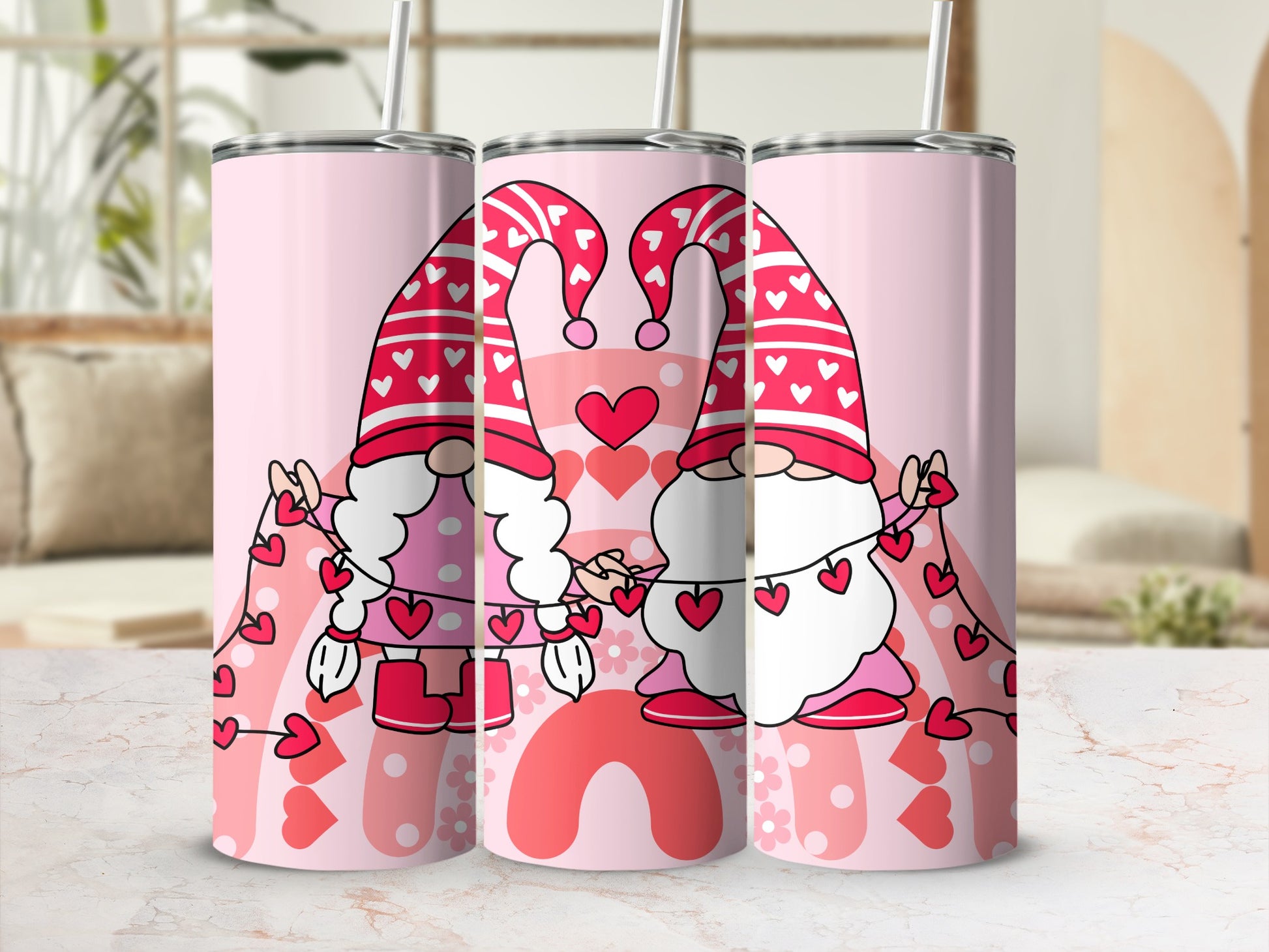 Cute Valentine Gnomes Love Hearts Tumbler Design