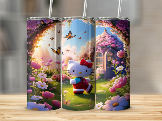 Hello Kitty in a whimsical garden with butterflies and pink flowers.