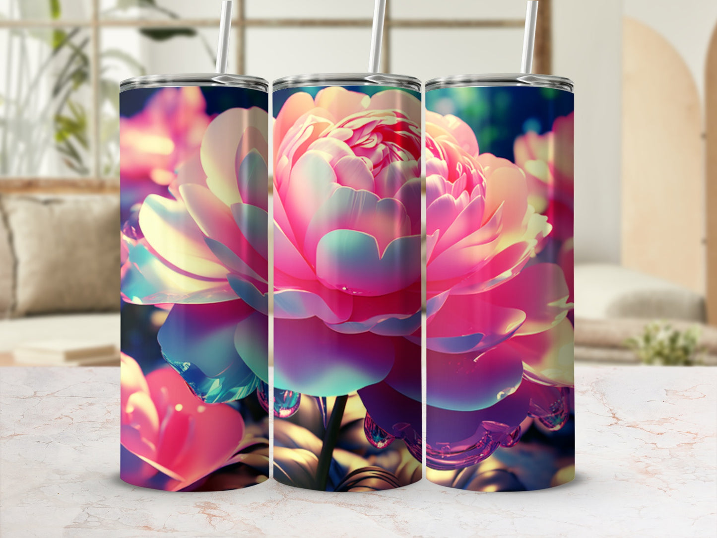 Three tumblers with a close-up, colorful peony flower design.