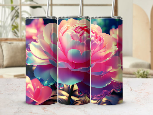 Three tumblers with a close-up, colorful peony flower design.