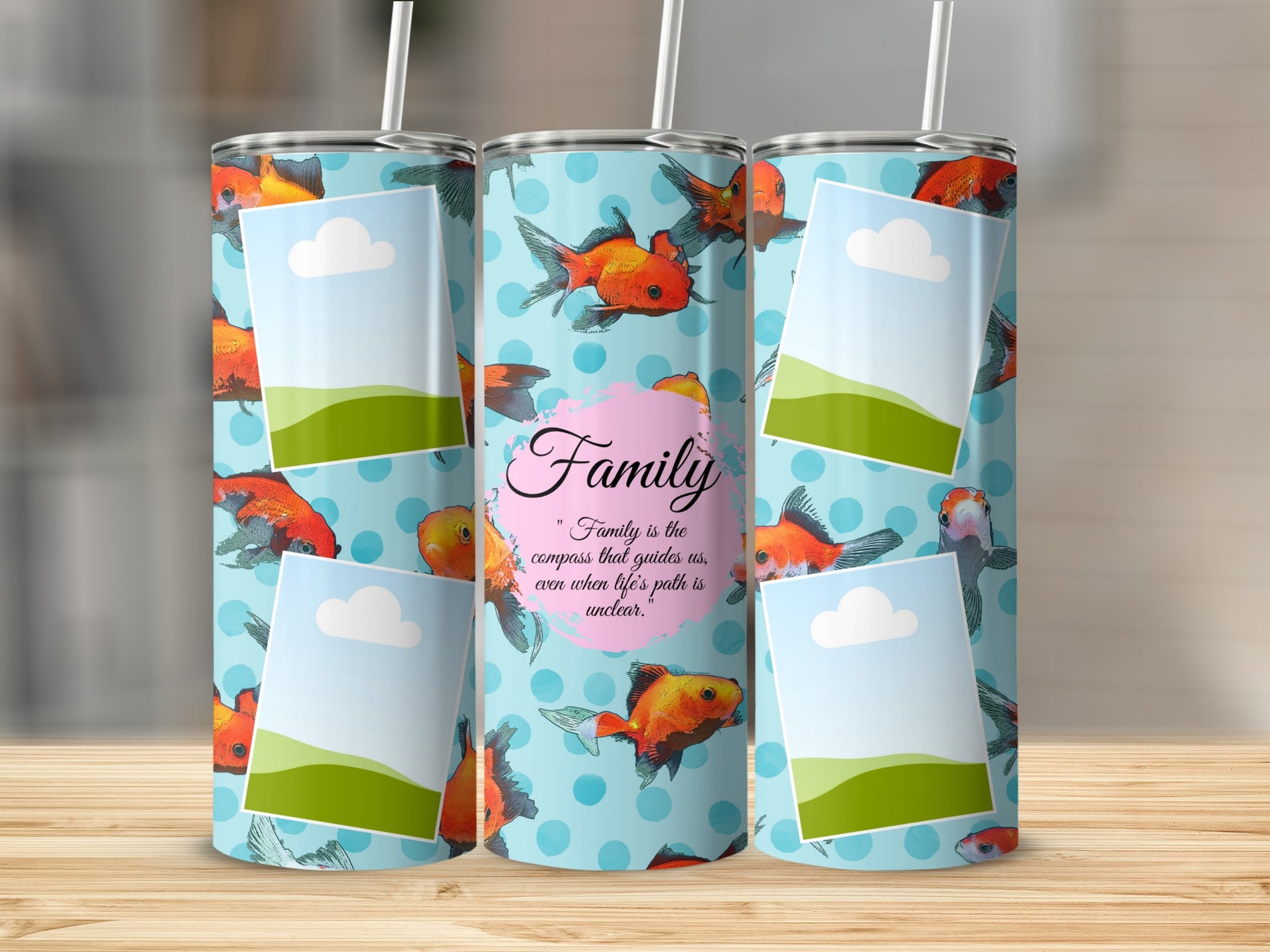 Tumbler with goldfishes, polka dots, and "Family" quote with blank photo frames.
