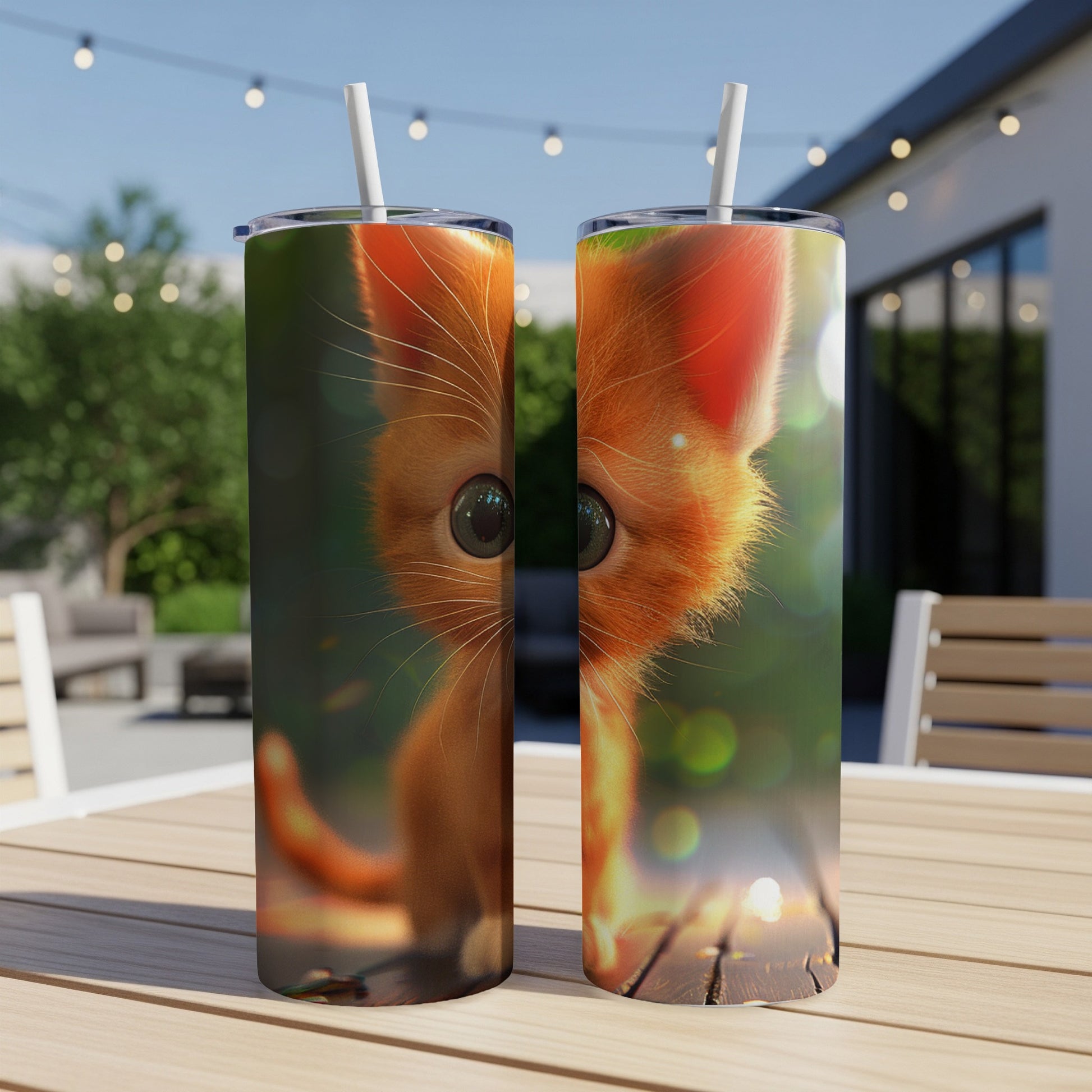 Close-up of two orange tabby cat tumblers with cartoon eyes.