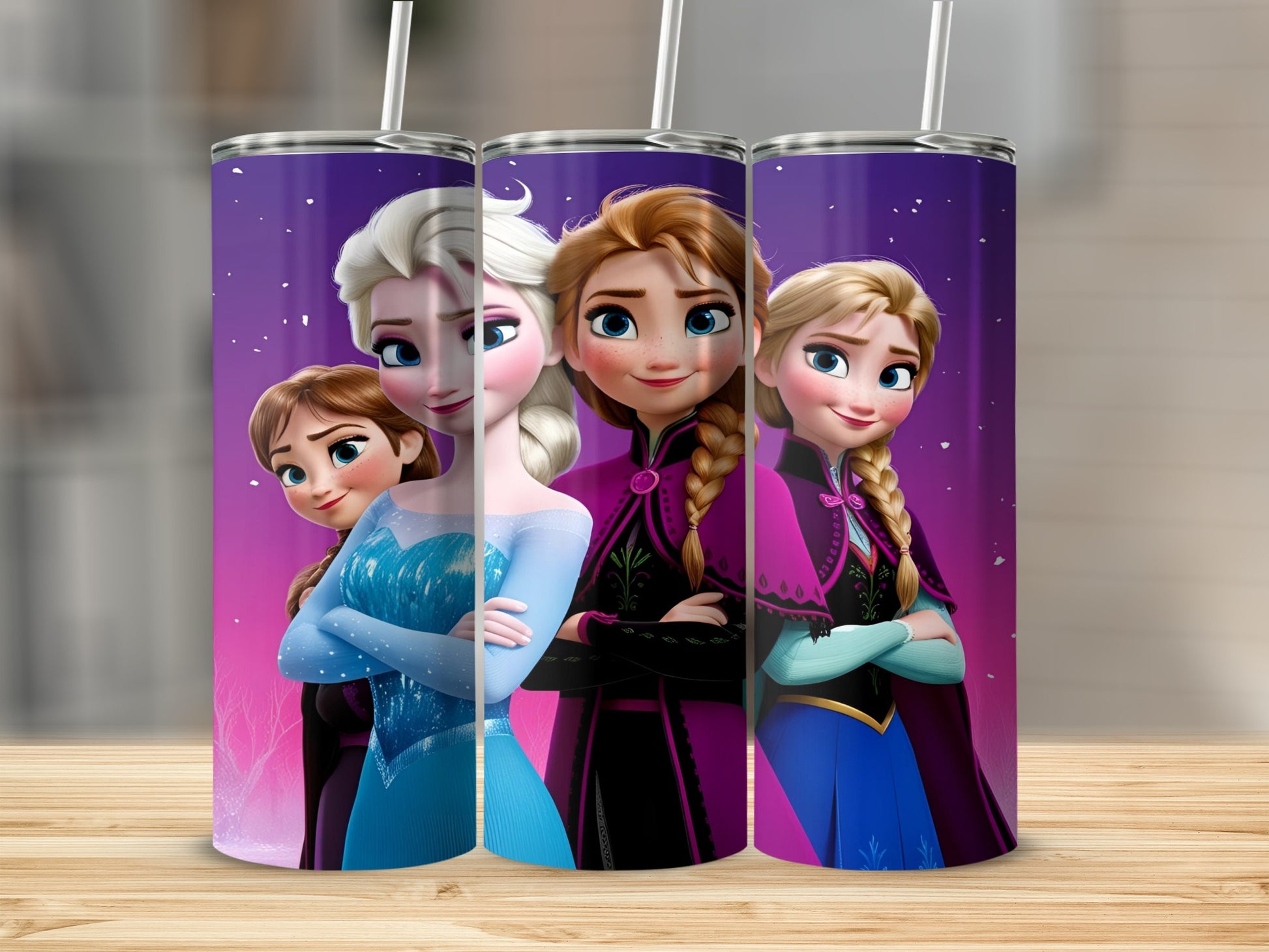 Three Frozen characters: Elsa, Anna, and Olaf, on purple tumblers.