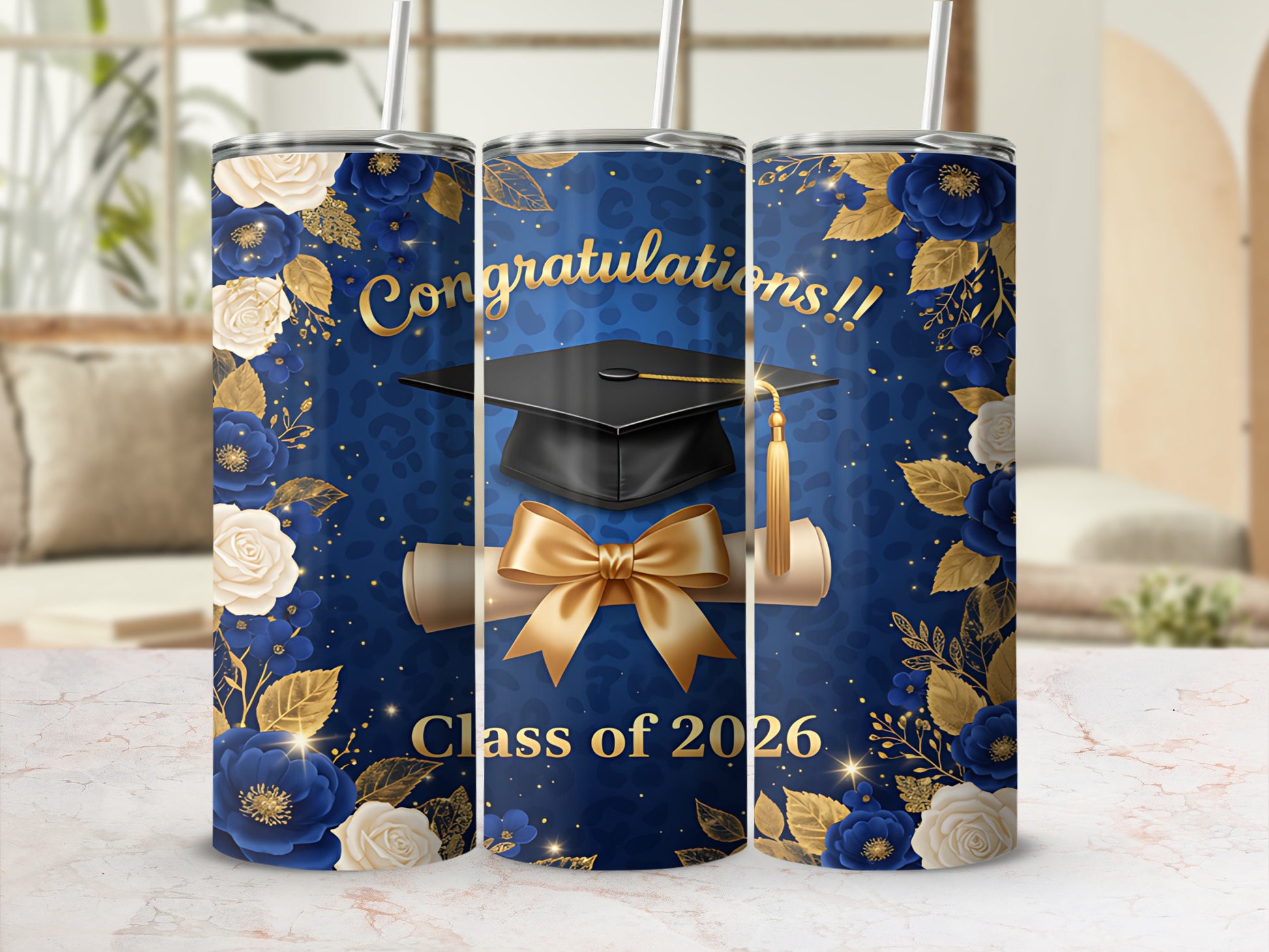 Graduation tumbler with "Congratulations!!" and "Class of 2026" text.