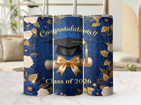 Graduation tumbler with "Congratulations!!" and "Class of 2026" text.