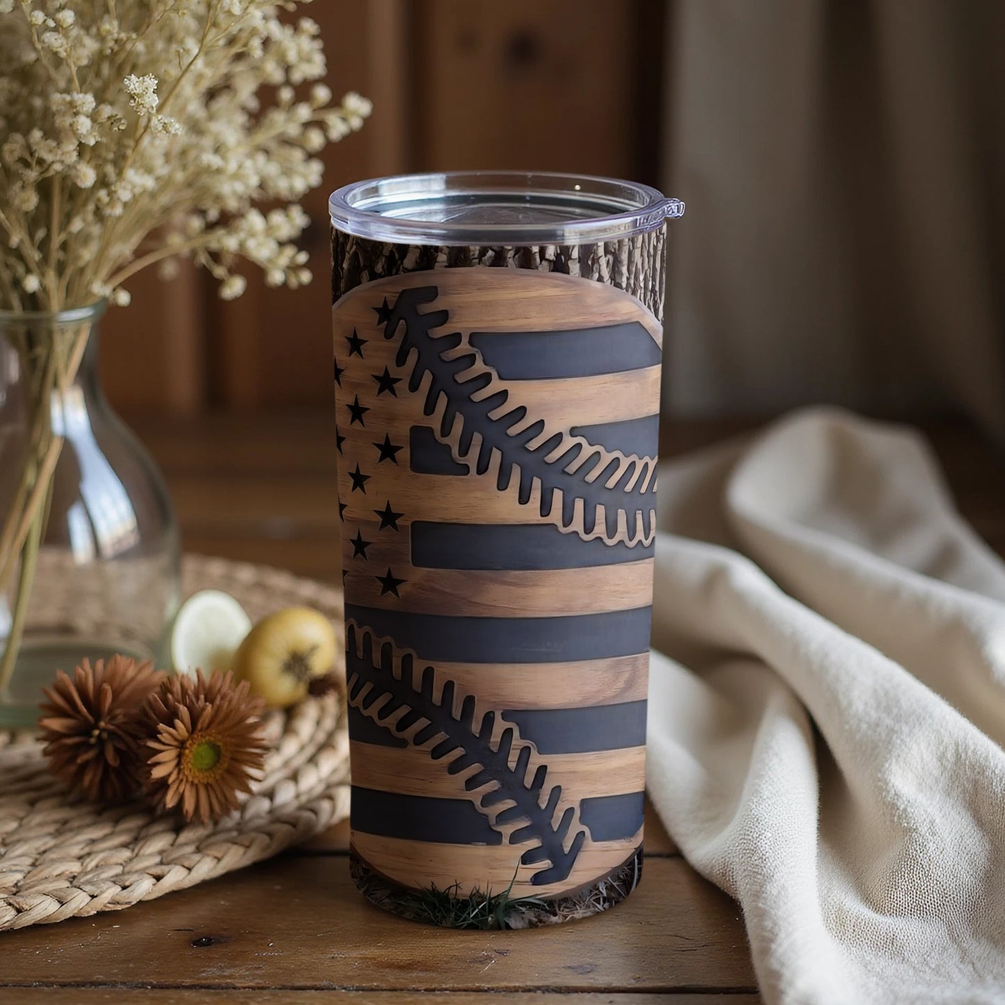 Rustic American Flag with Baseball Stitching Tumbler