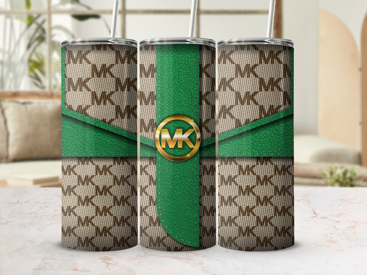 Stylish green and beige MK pattern tumbler cup