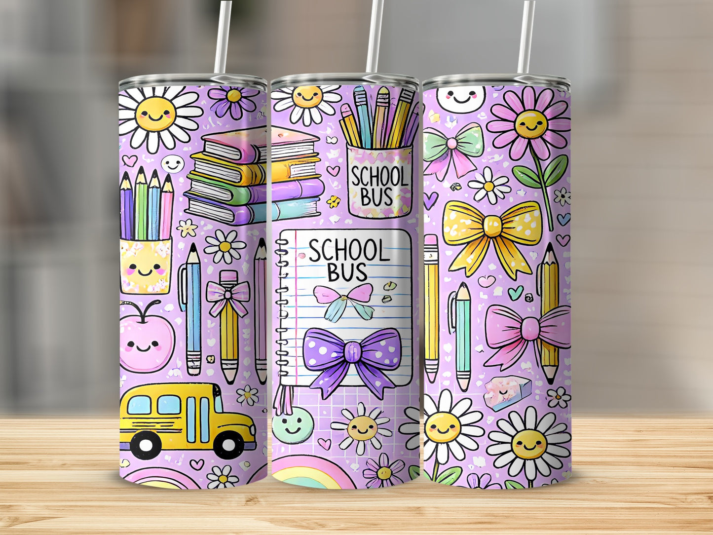 Three tumblers with a purple pattern featuring school supplies, bows, and smiling daisies.