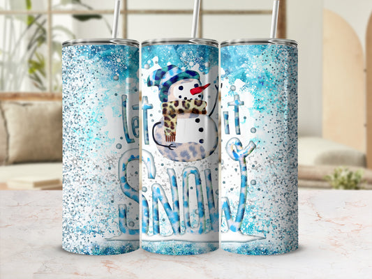 Snowman with "Let it Snow" text and snowflakes on a glittery tumbler.