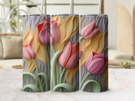 Three tall tumblers with textured pink tulips and yellow leaves against a soft background.