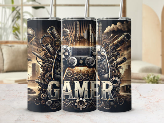 Gamer tumbler with steampunk-style video game controller and city background.
