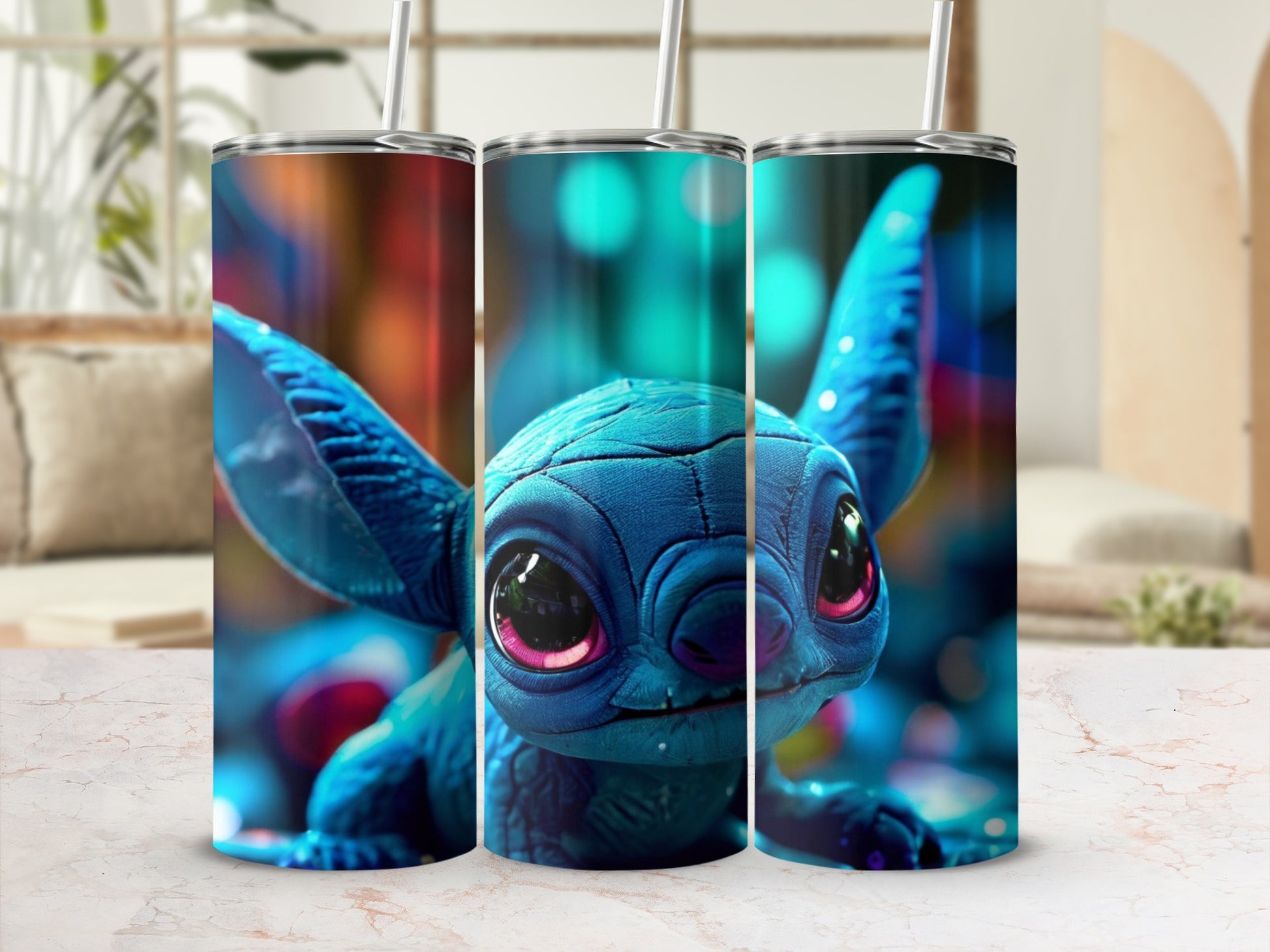 Three tumblers featuring a close-up of Stitch's face.