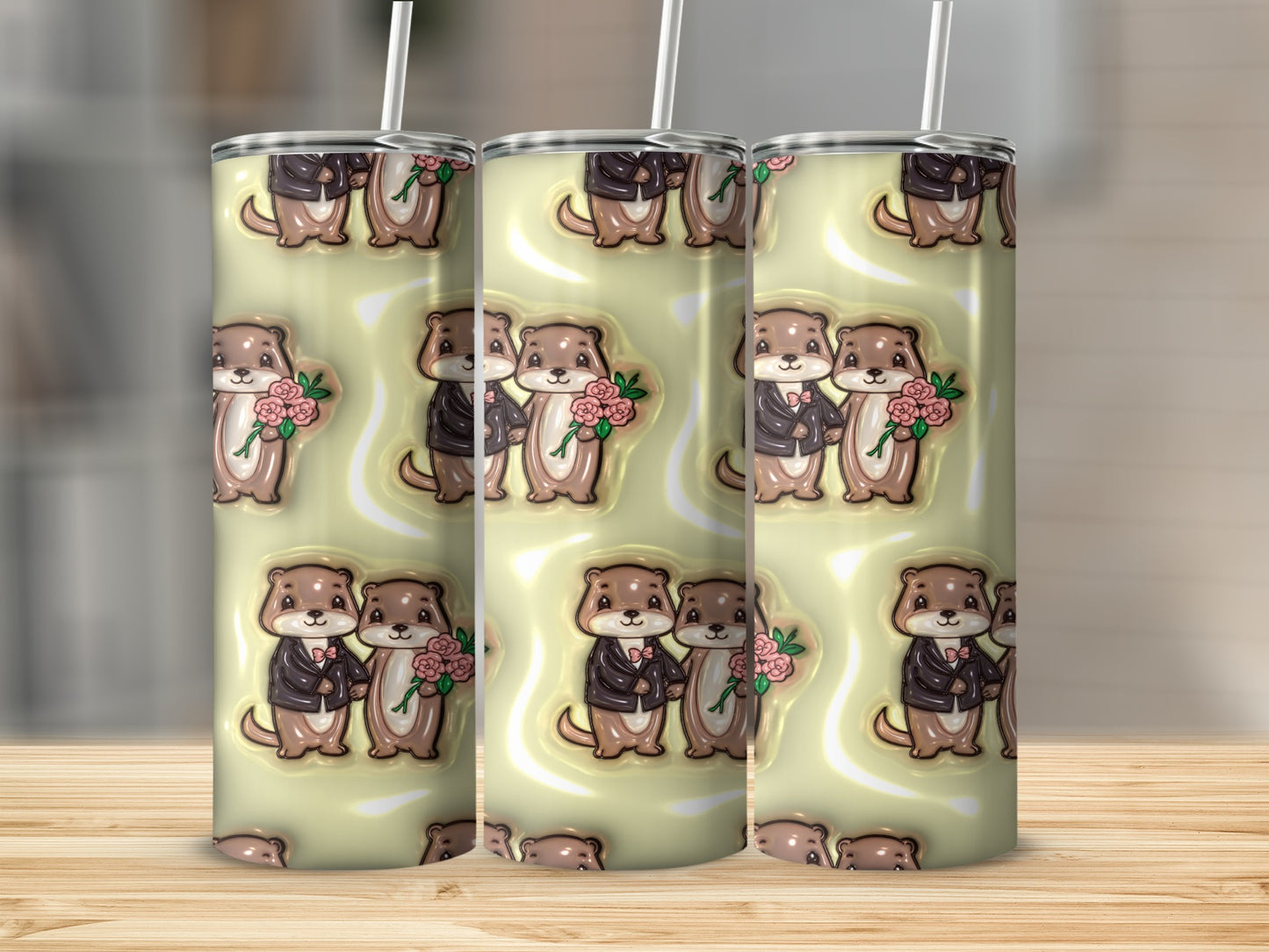 Cute Otters with Flower Stainless Steel Tumbler