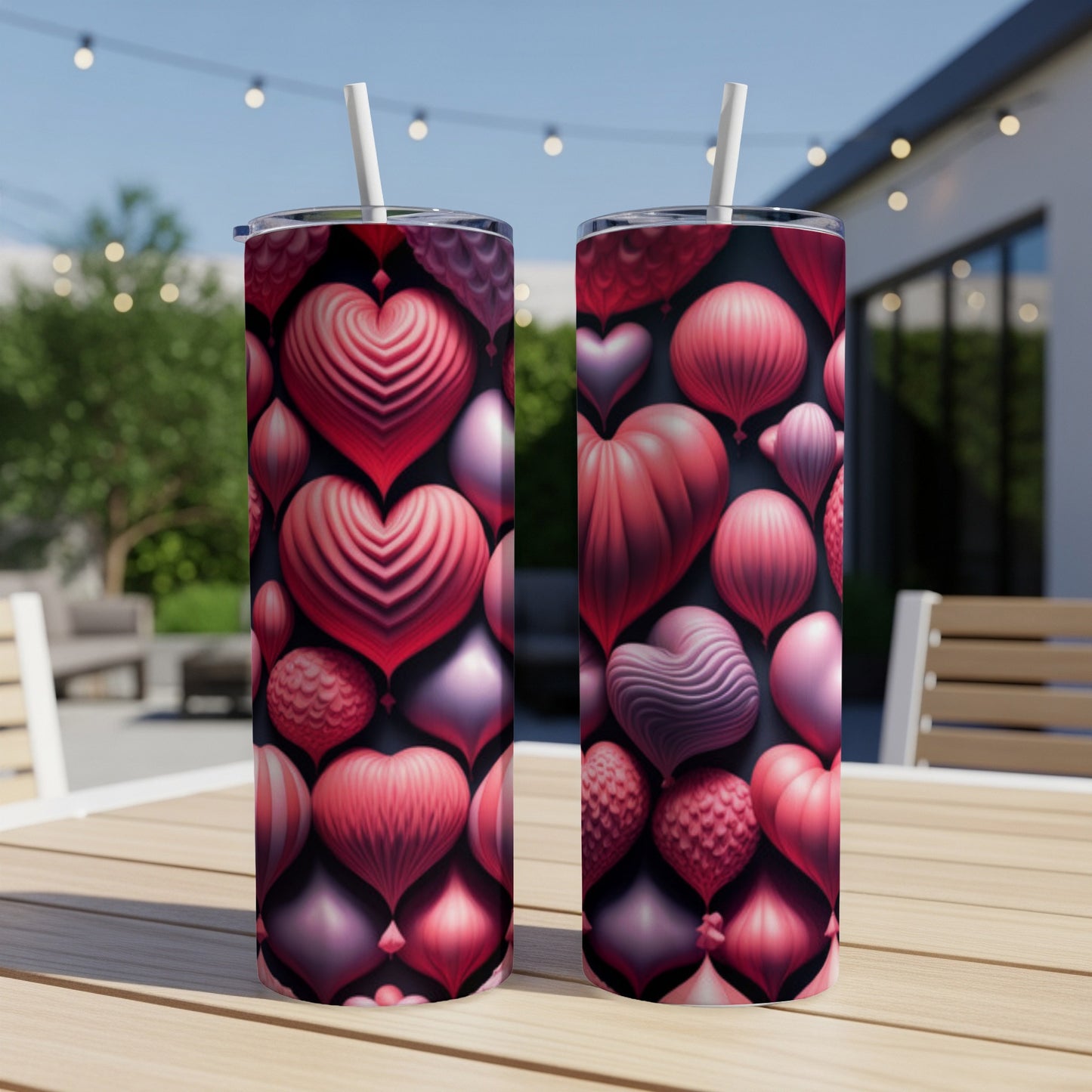Two tall, skinny tumblers with a repeating pattern of raised pink and red hearts.