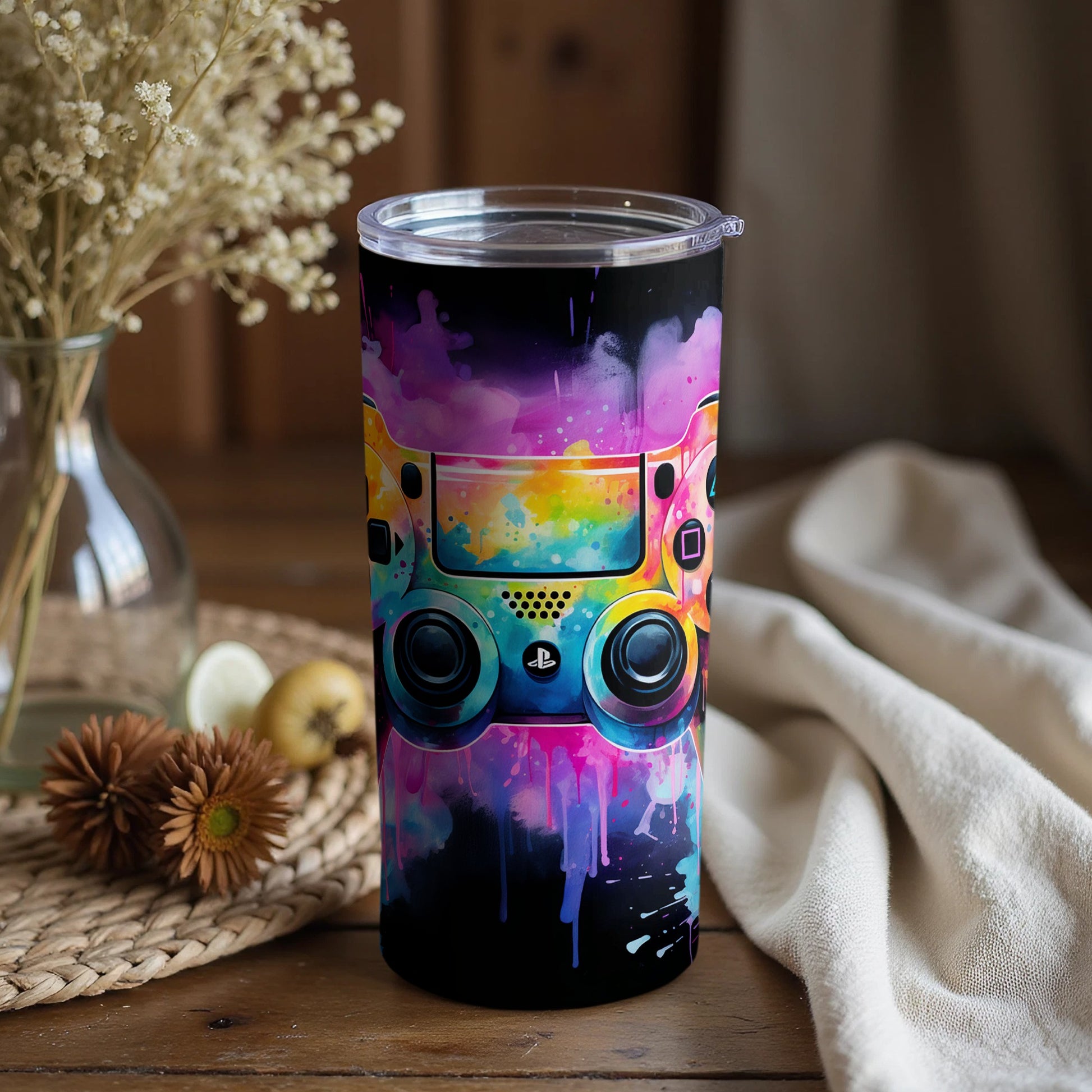 Vibrant Gaming Controller Design Tumbler Cup