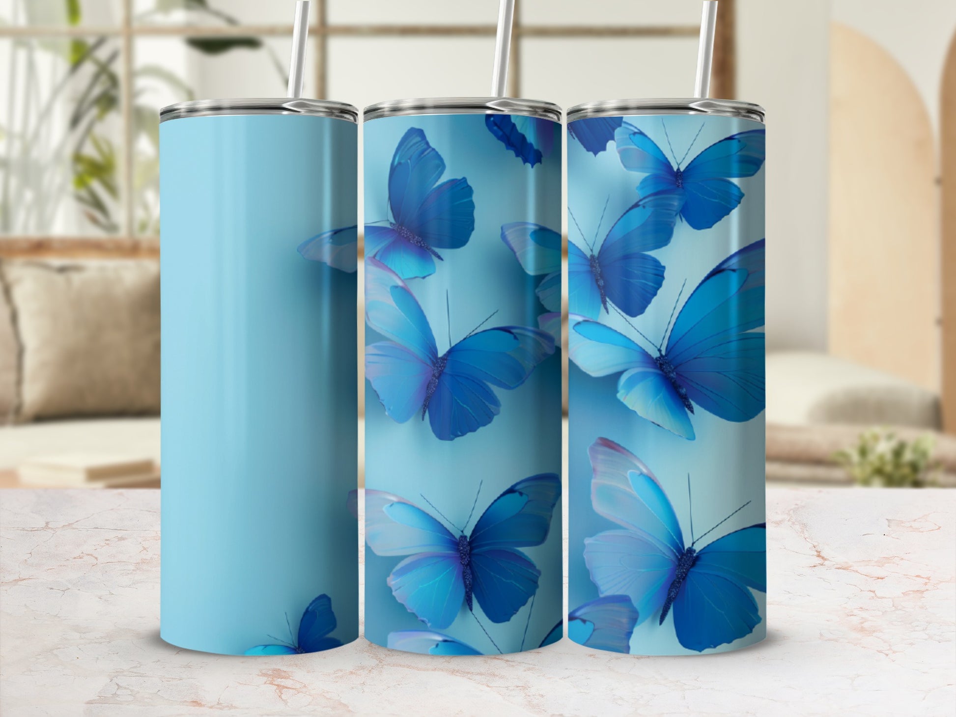 Blue butterfly tumbler with straw, presented in a triptych format.