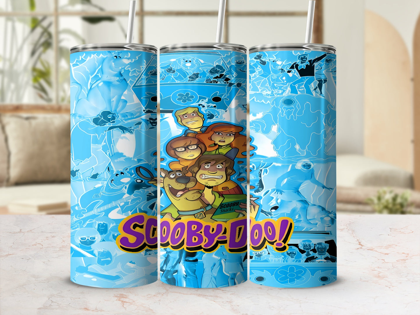 Scooby-Doo characters in cartoon style on a blue background tumbler.
