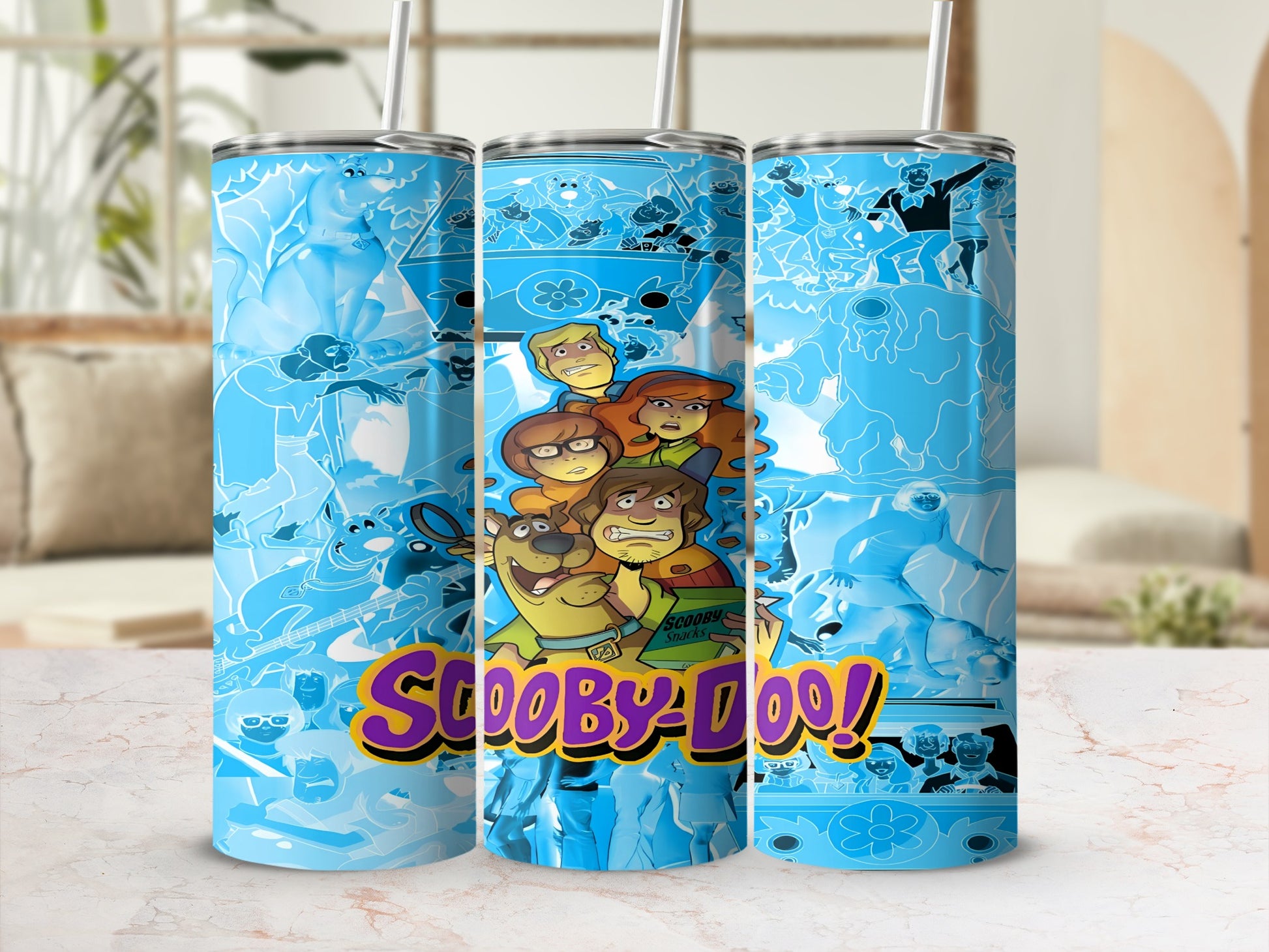 Scooby-Doo characters in cartoon style on a blue background tumbler.