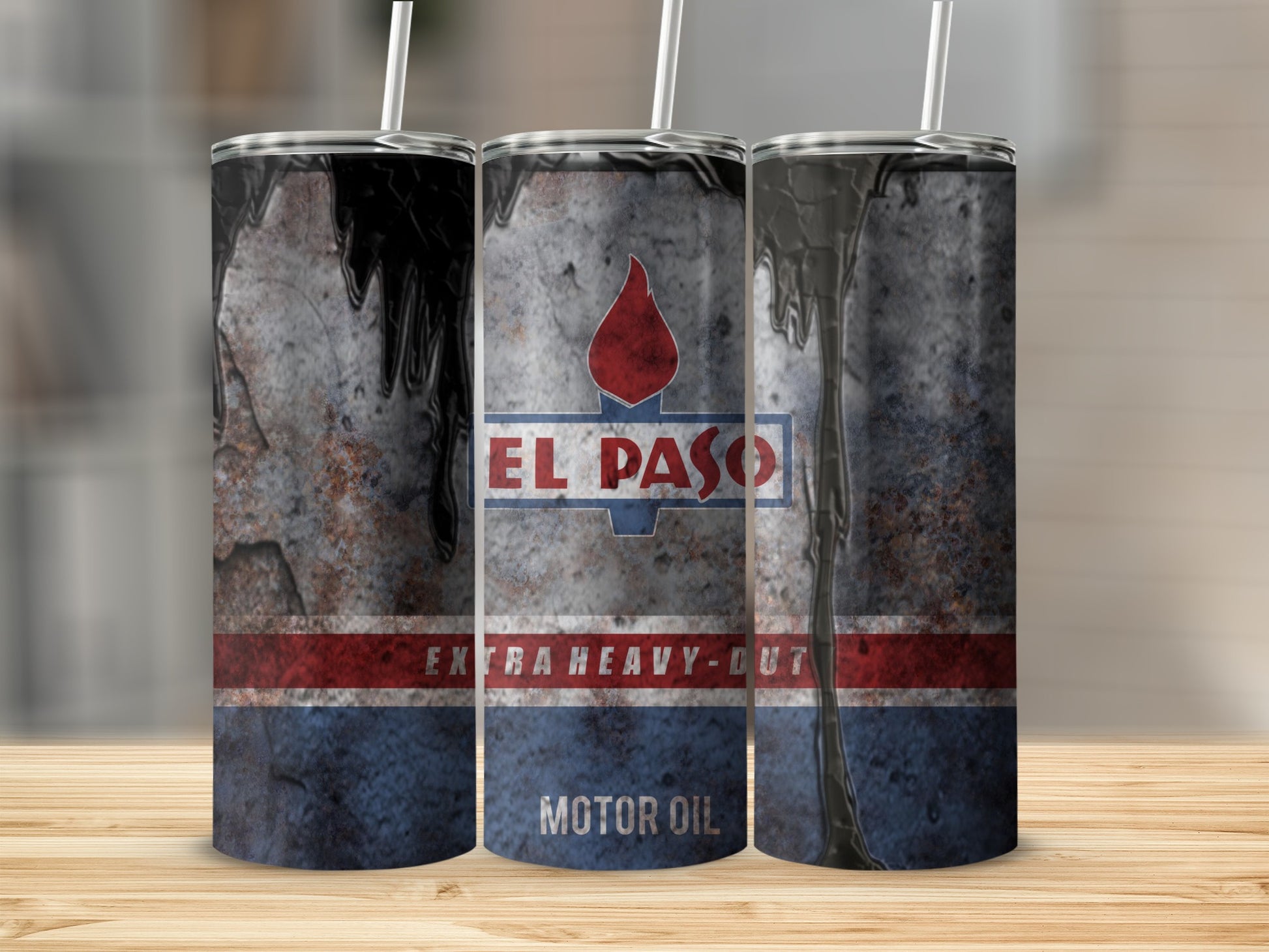 El Paso Motor Oil tumbler with oil drip design and red, white, and blue stripes.