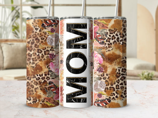 Leopard and floral print tumbler with "MOM" in gold and black lettering.