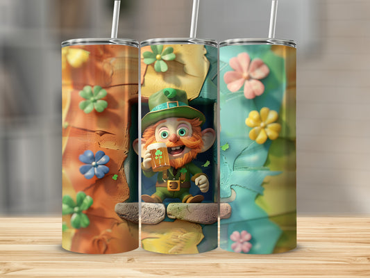 Leprechaun holding a beer, with floral designs on three tumblers.