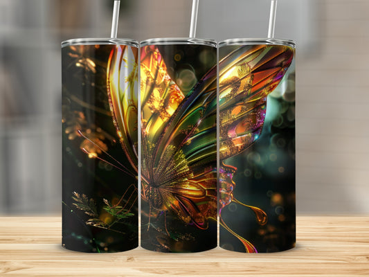 Three tumblers featuring a colorful, ornate butterfly design on a dark background.