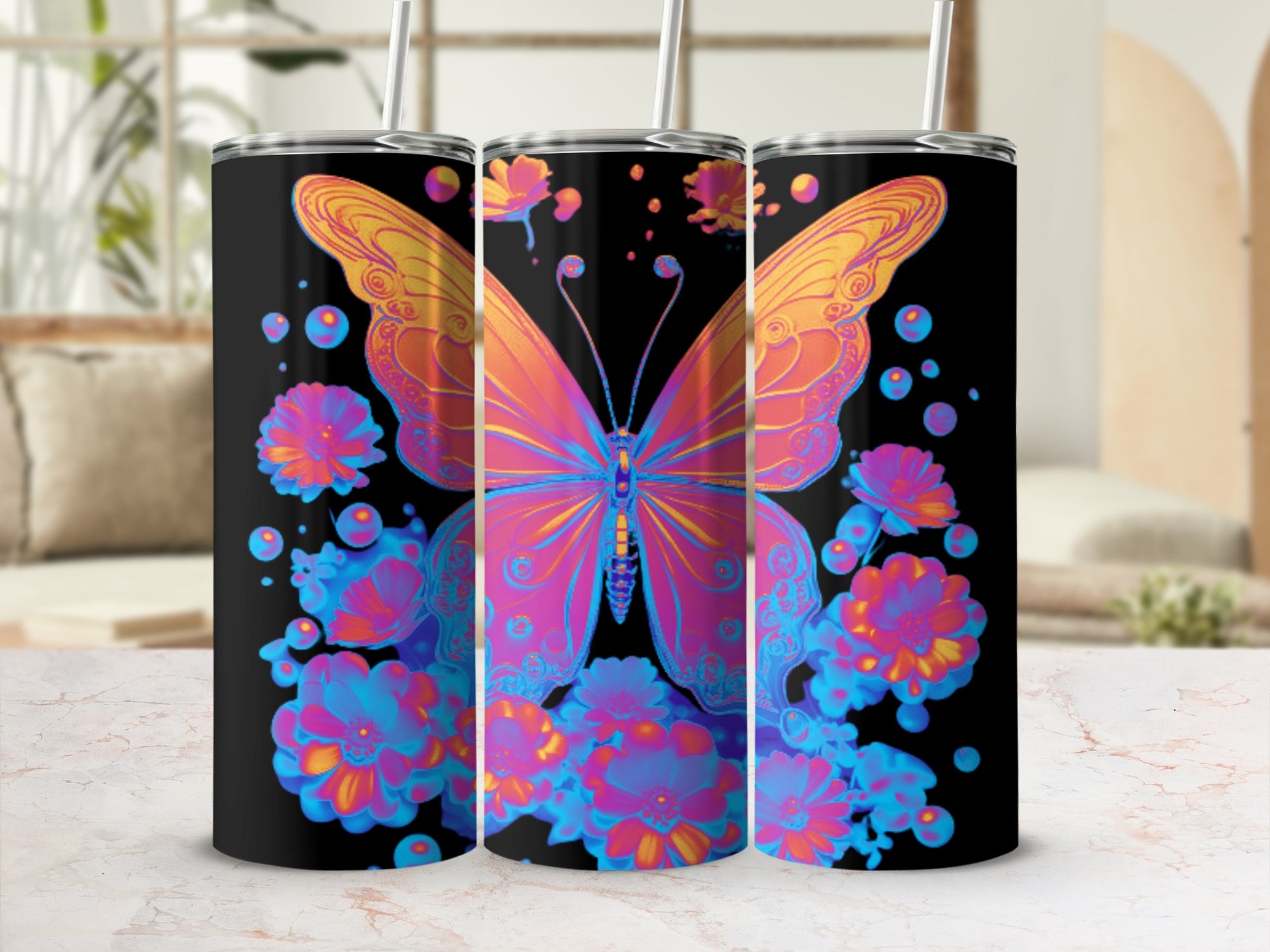 Black tumbler with colorful butterfly and floral design.