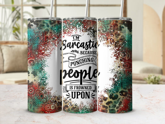 Sarcastic tumbler with distressed paisley and leopard print design.