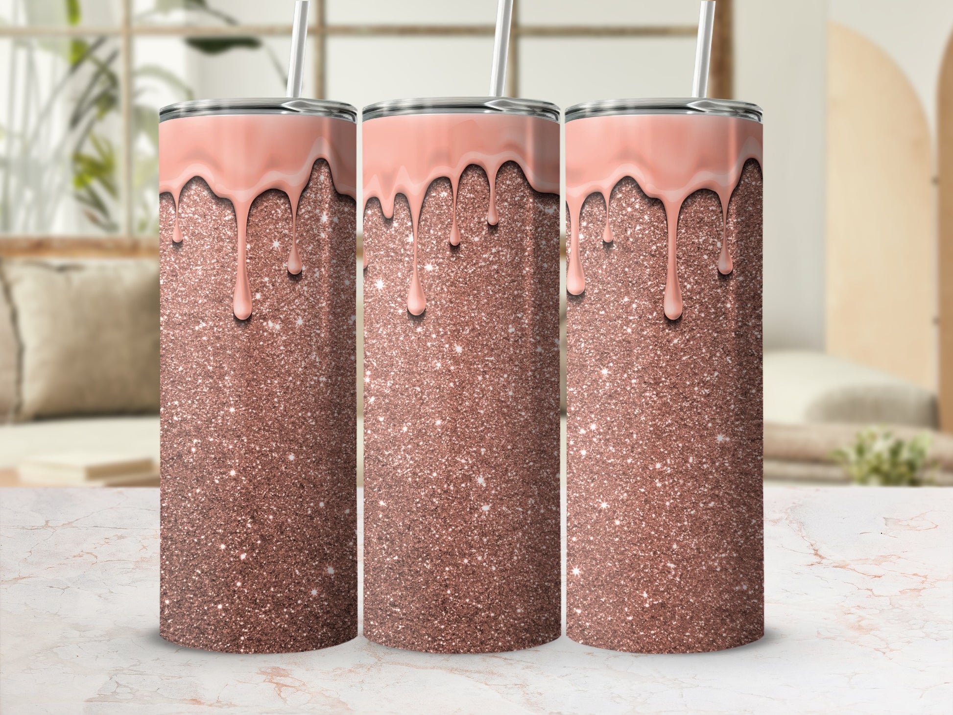 Sparkling Glitter Rose Gold Tumbler with Dripping Paint Design