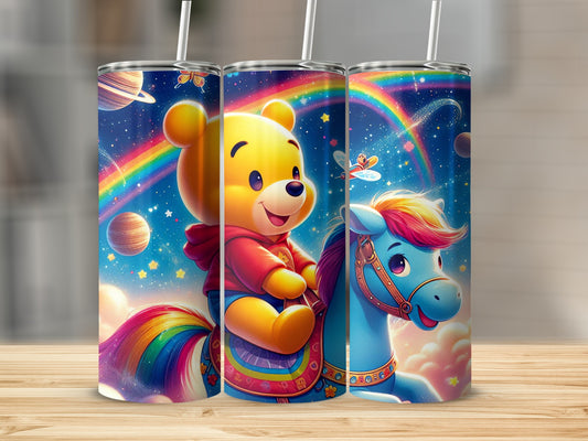 Yellow Bear on Blue Horse Rainbow Sky with Stars Tumblers