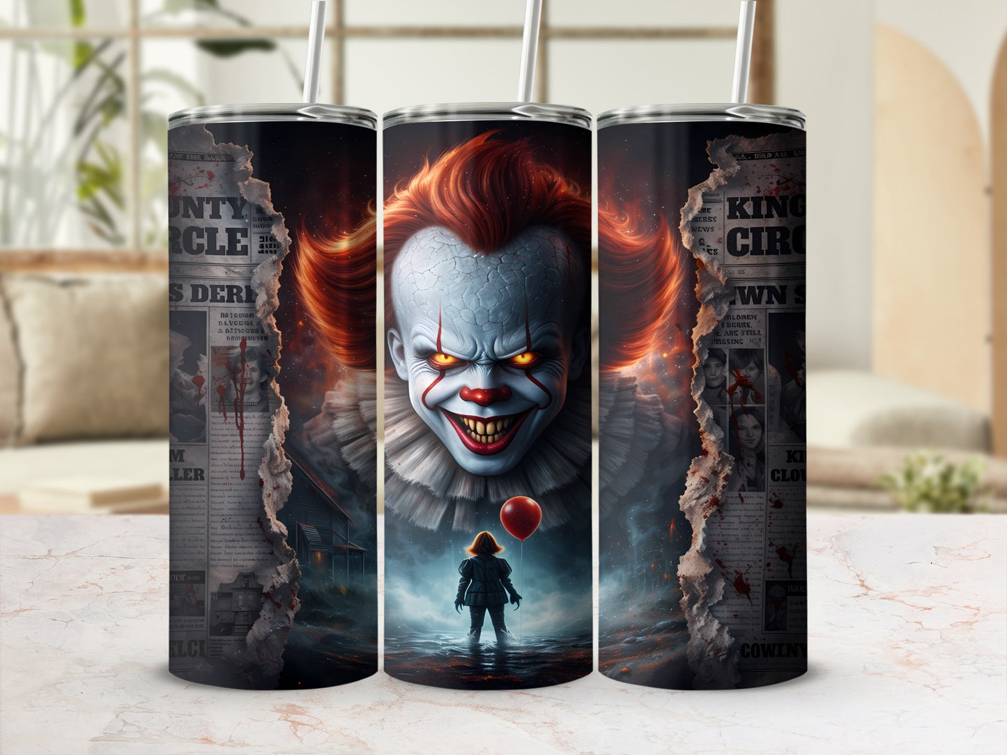 Three tumblers with horror clown, child, and newspaper designs.