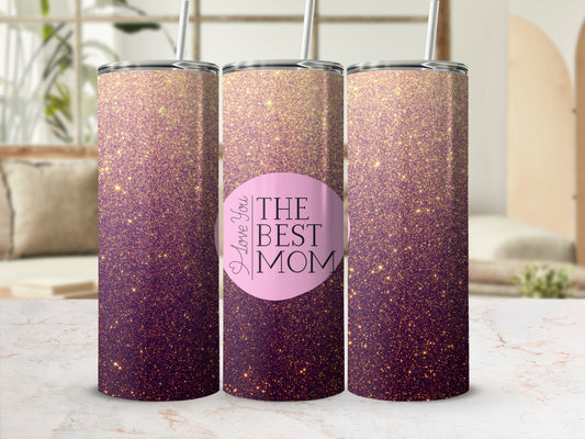 Purple and gold glitter tumbler with "I Love You BEST MOM" text.