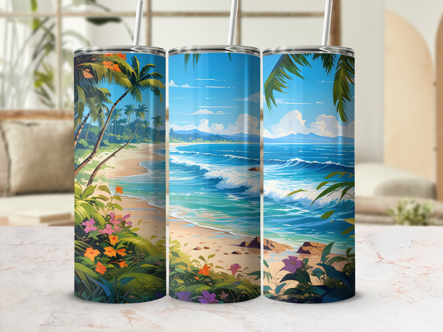 Three tumblers with a tropical beach scene featuring palm trees and waves.