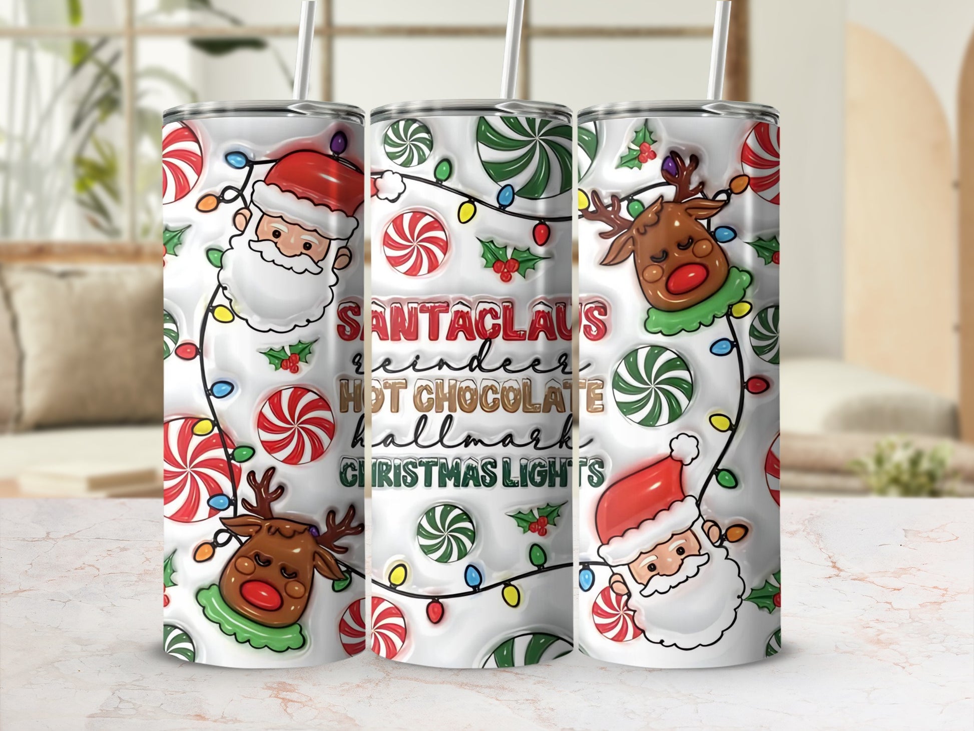 Santa Claus Reindeer Hot Chocolate Christmas Lights Tumbler