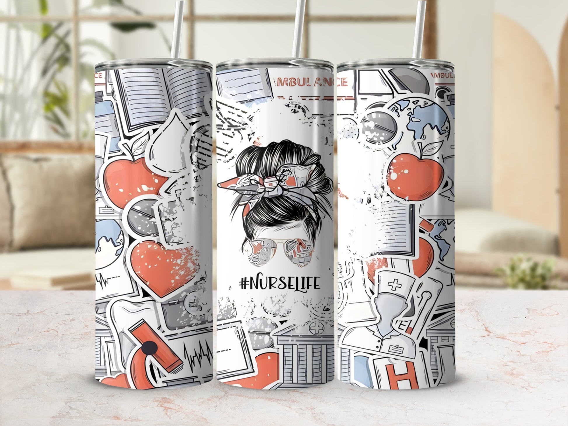 Tumbler with "#NurseLife" text and medical icons on a white background.