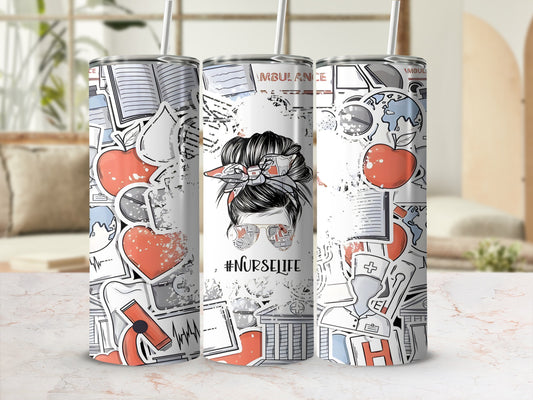 Tumbler with "#NurseLife" text and medical icons on a white background.