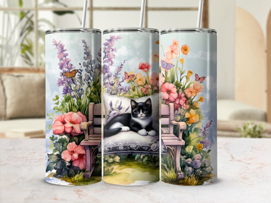 Tuxedo cat rests on floral bench with butterflies, watercolor style.
