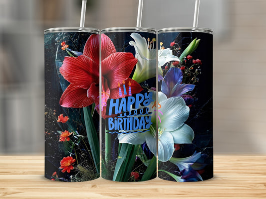 Tumbler with "Happy Birthday" text and red and white lilies on a dark floral background.