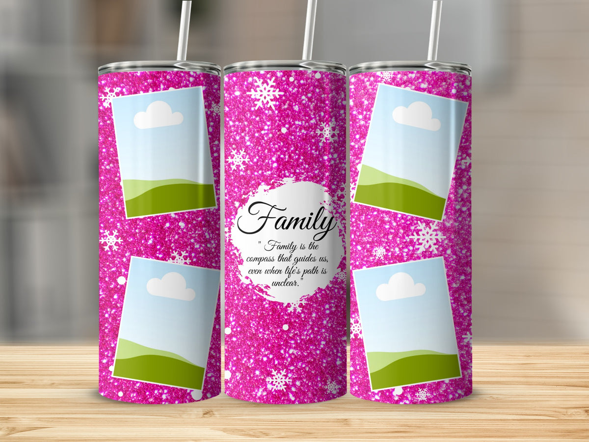 Pink glitter tumblers with snowflakes and photo frames, featuring "Family" quote.