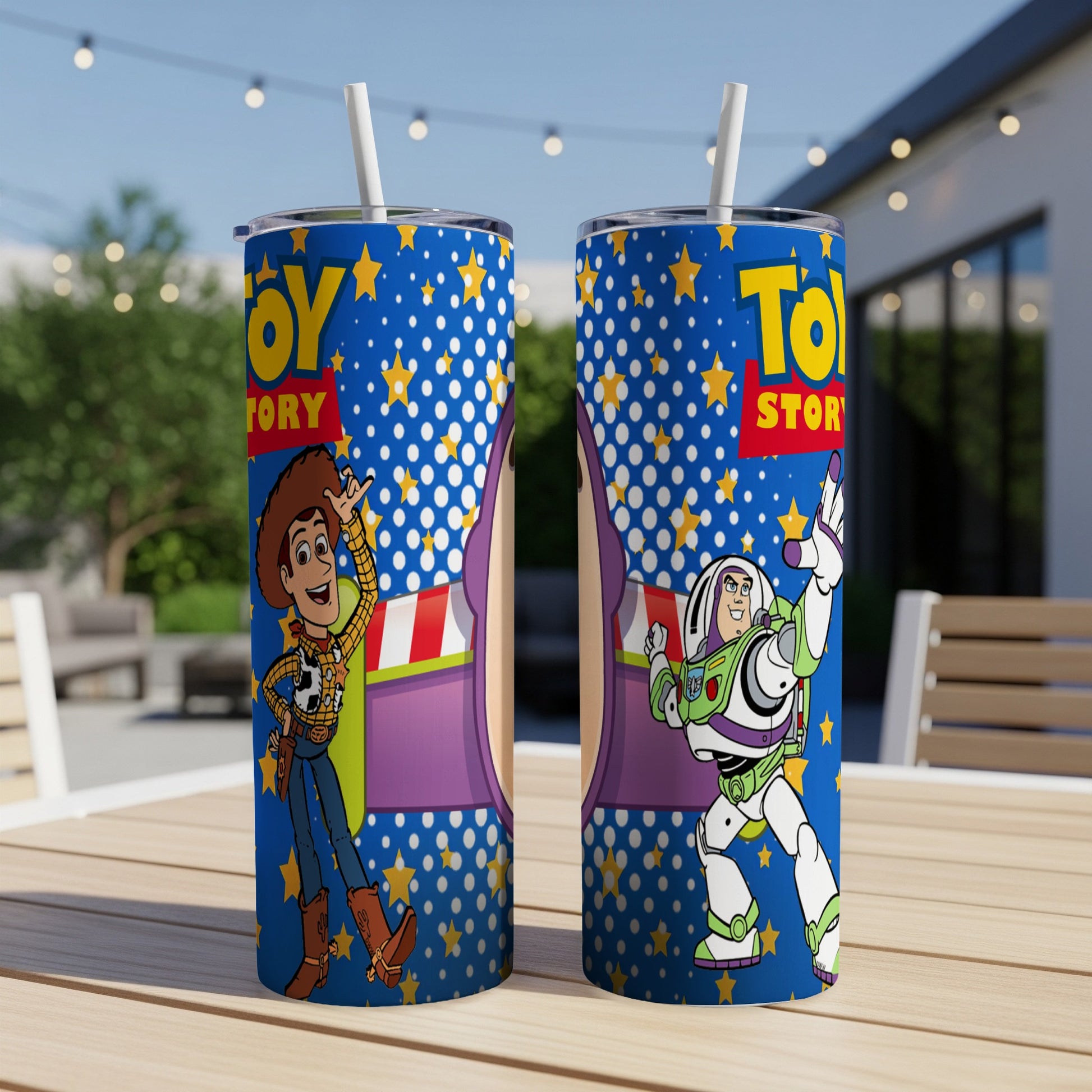 Toy Story characters Woody and Buzz Lightyear on a blue speckled tumbler.