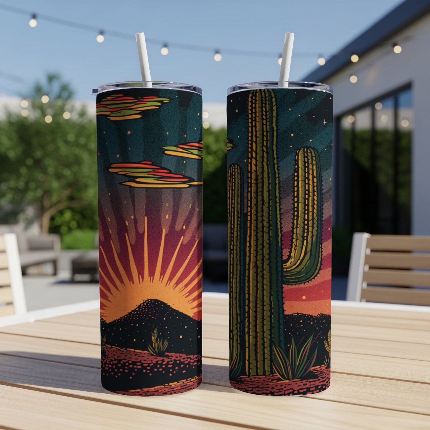 Two tumblers with a desert sunset and cactus design.