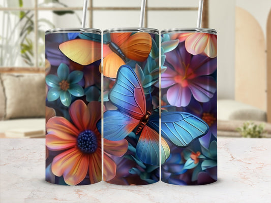 Tumbler with colorful butterflies and floral design.