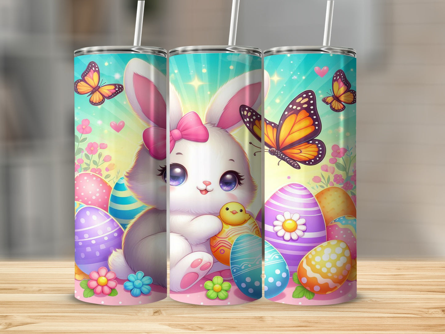Easter bunny holding chick, surrounded by colorful eggs and butterflies.